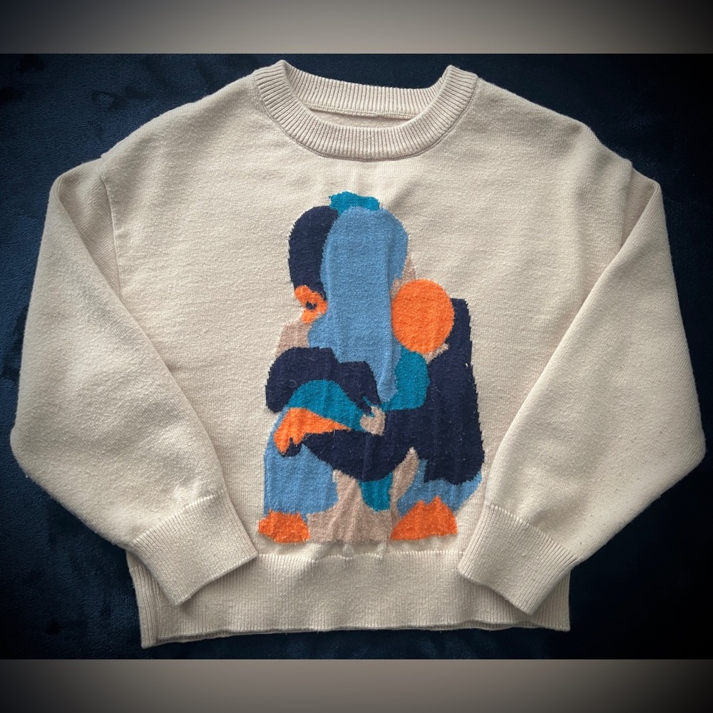 Cream Graphic Knit Sweater with Blue & Orange Abstract Design